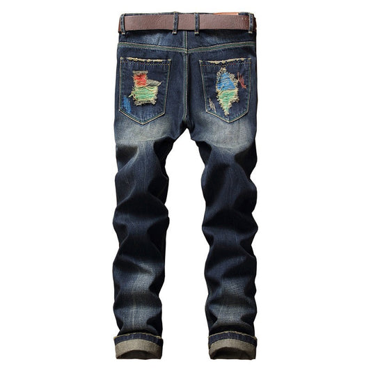 Jeans Men's Ripped Straight-leg Personalized Brushed